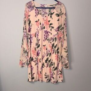 Cato Floral Pink and Purple Belle Sleeve Dress Large